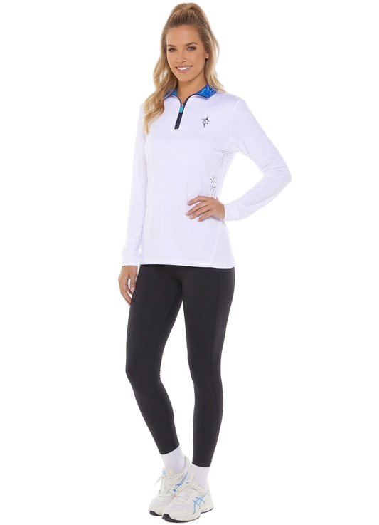 Women's Monterey Quarter Zip by White Water Life, white top with blue collar detail on Tampa Home & Garden Store