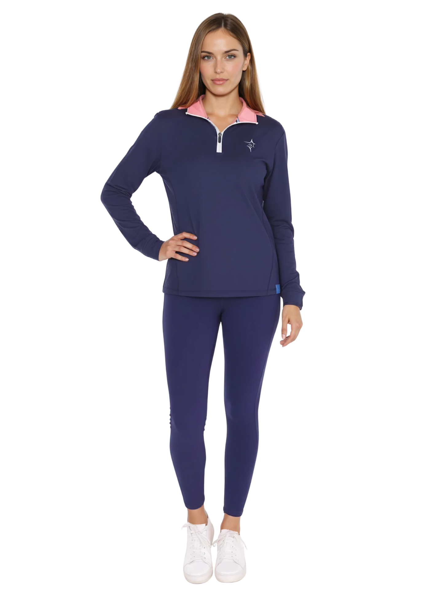 Women's Monterey Quarter Zip top in navy with pink collar, white zipper, chest star logo by White Water Life on Tampa Home & Garden Store