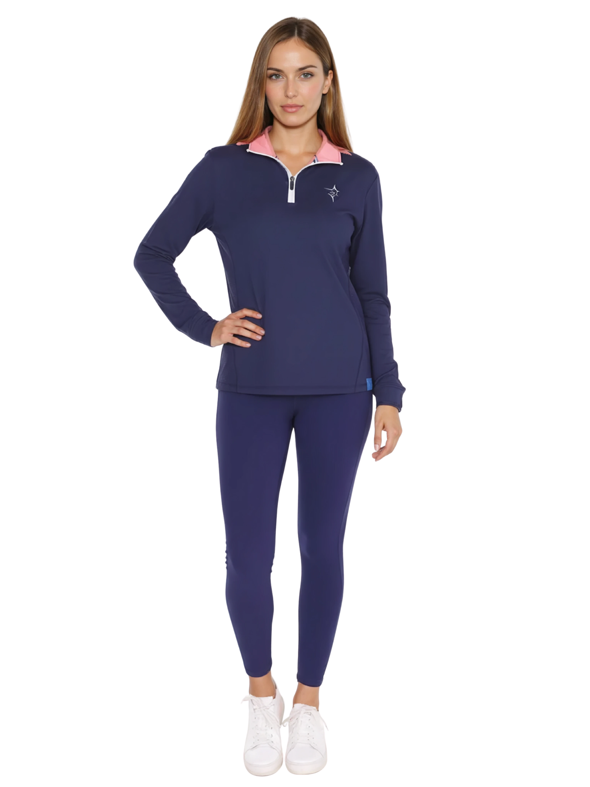 Women's Monterey Quarter Zip top in navy with pink collar, white zipper, chest star logo by White Water Life on Tampa Home & Garden Store