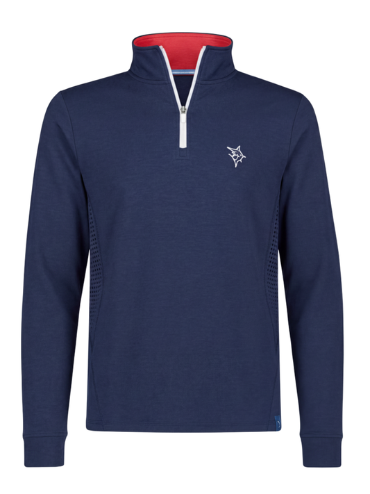 Monterey Performance Quarter Zip navy long sleeve top with white zipper White Water Life logo on Tampa Home & Garden Store
