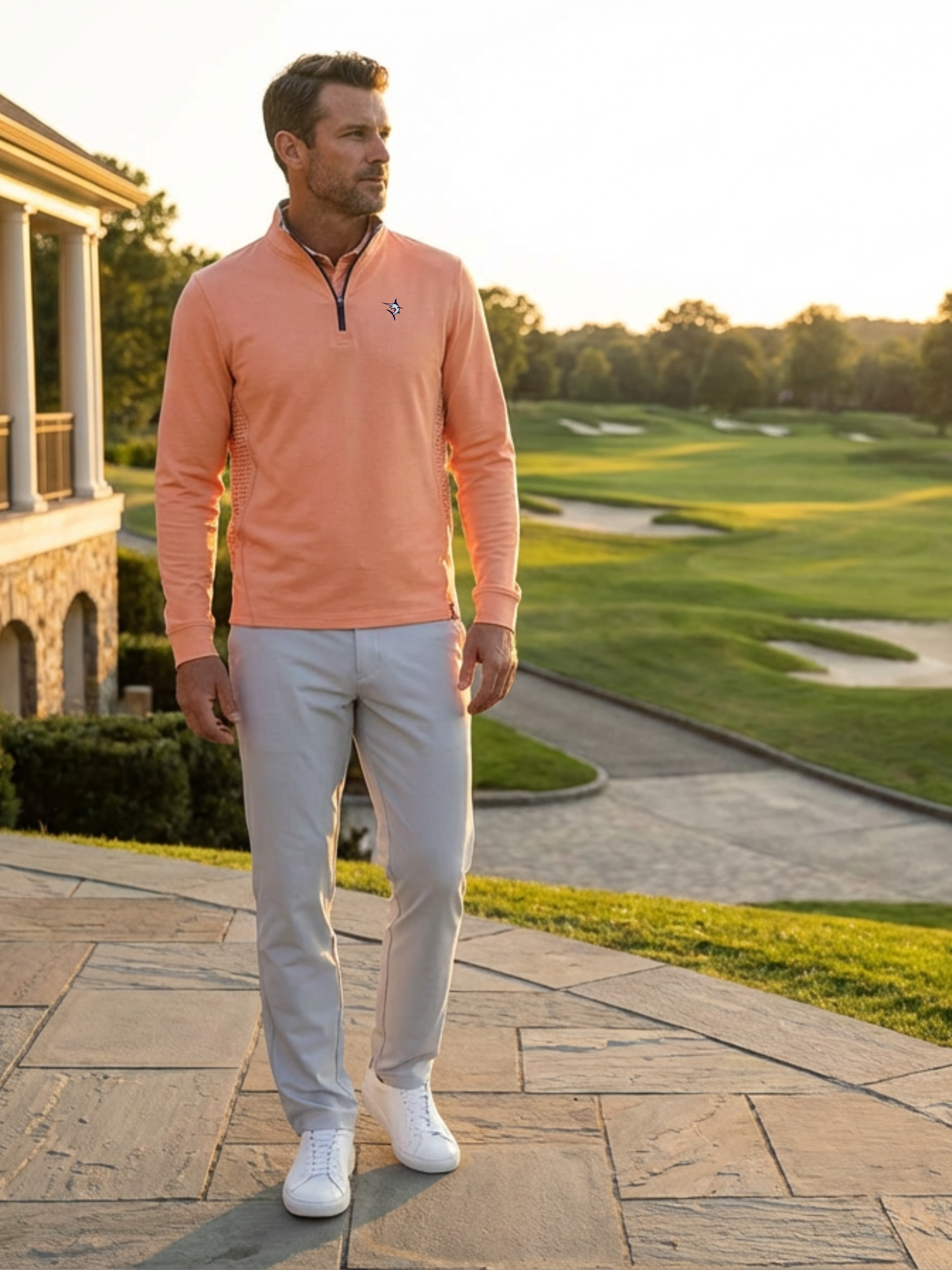 Monterey Performance Quarter Zip long sleeve top peach with White Water Life logo on chest on Tampa Home & Garden Store