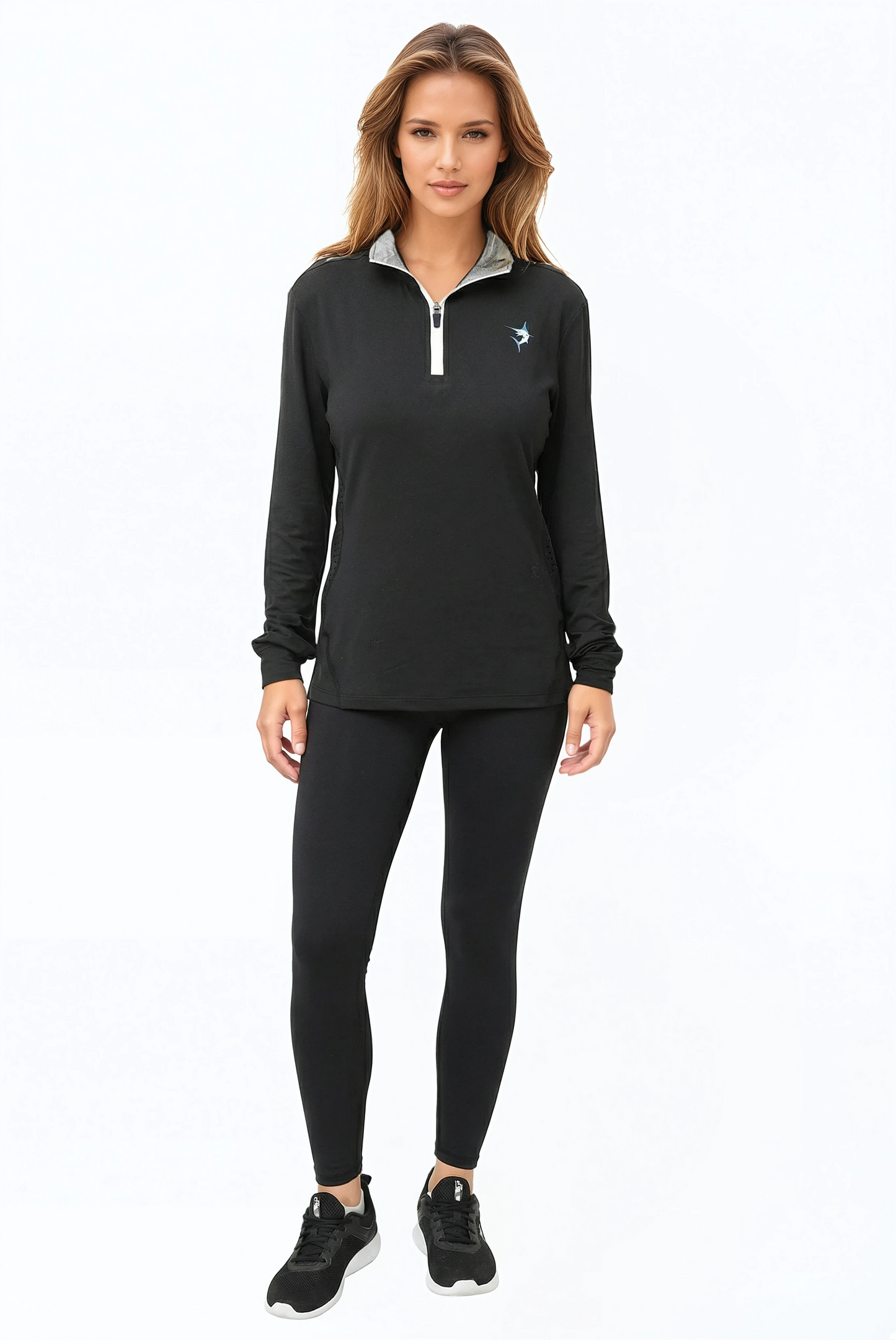 Women's Monterey Quarter Zip by White Water Life in black with white zip placket and chest logo on Tampa Home & Garden Store