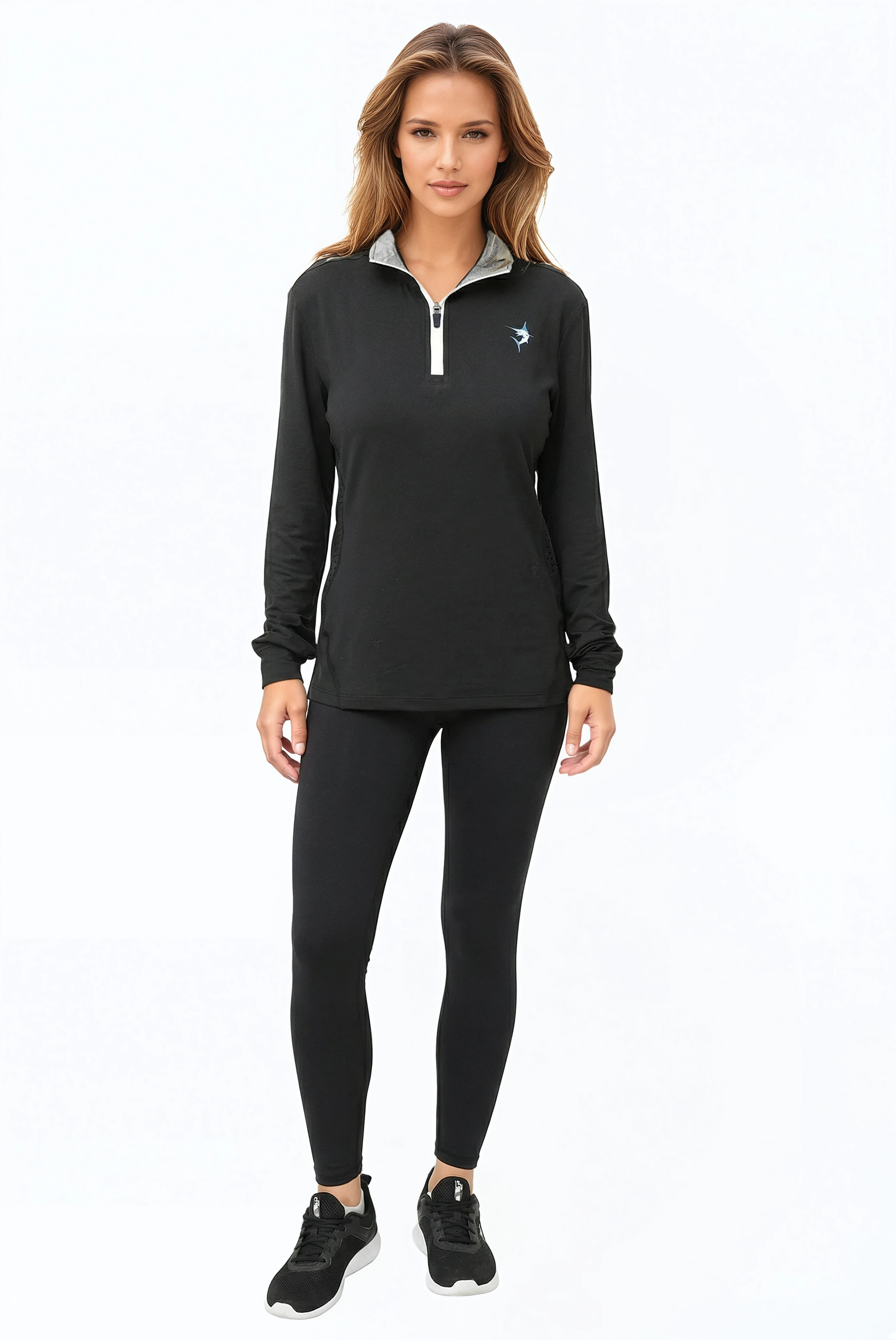 Women's Monterey Quarter Zip by White Water Life in black with white zip placket and chest logo on Tampa Home & Garden Store