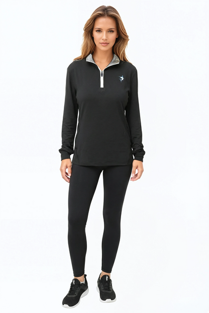 Women's Monterey Quarter Zip by White Water Life in black with white zip placket and chest logo on Tampa Home & Garden Store