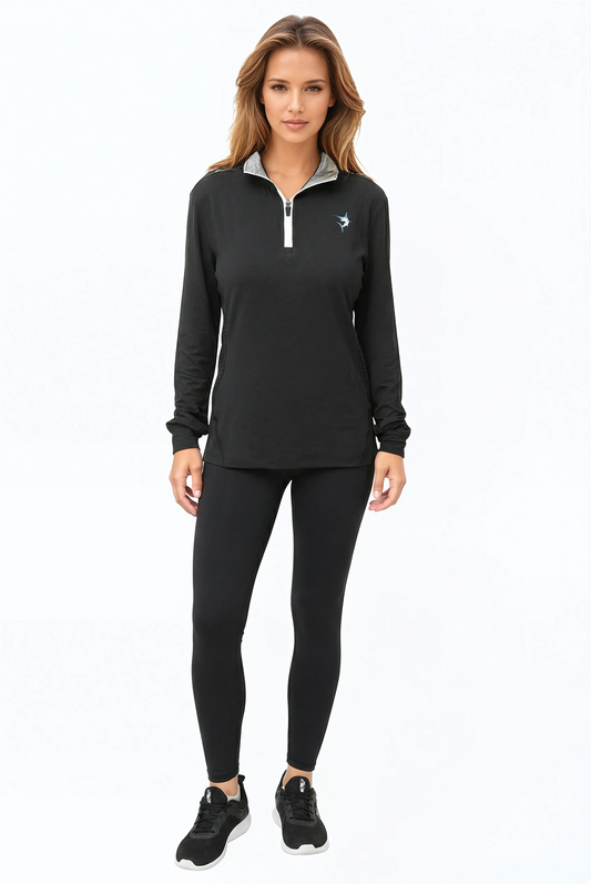 Women's Monterey Quarter Zip by White Water Life in black with white zip placket and chest logo on Tampa Home & Garden Store