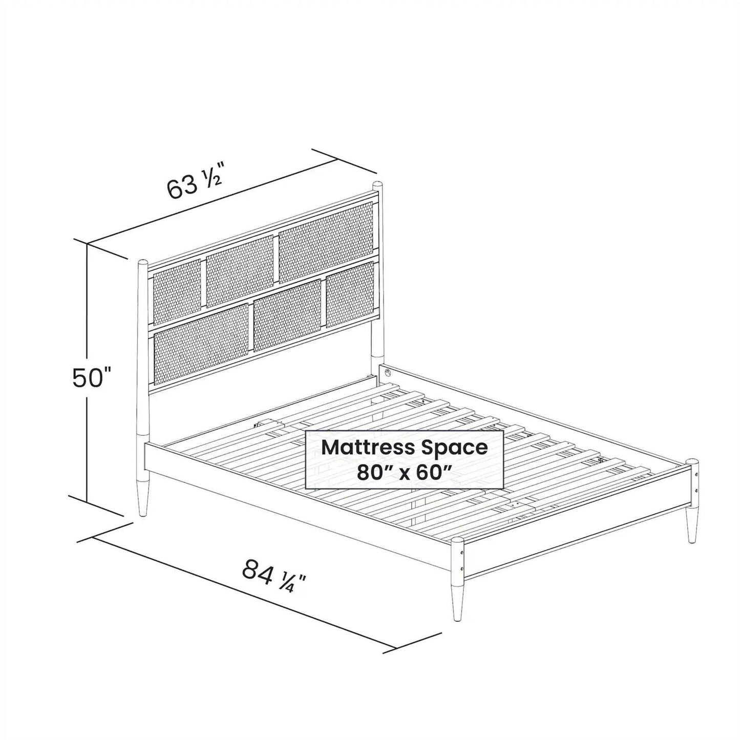 Base de cama Queen Size de madera dura con cabecero de caña en nogal