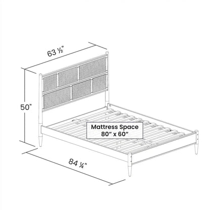 Base de cama Queen Size de madera dura con cabecero de caña en nogal