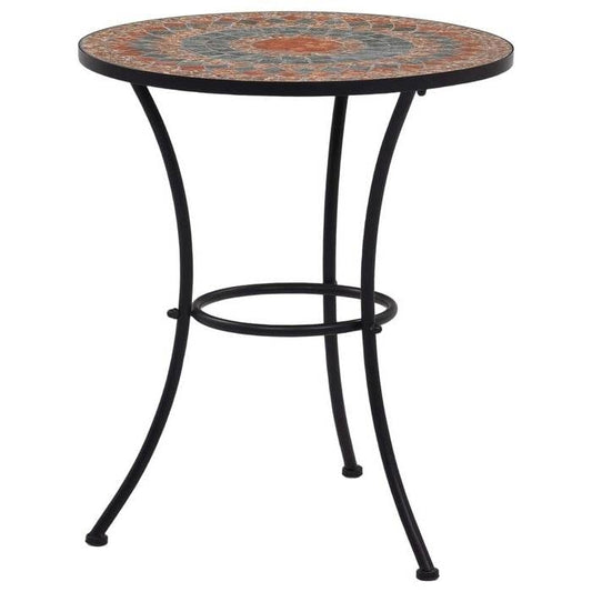 Mesa de bistró redonda para patio exterior con mosaicos grises y naranjas y estructura de metal