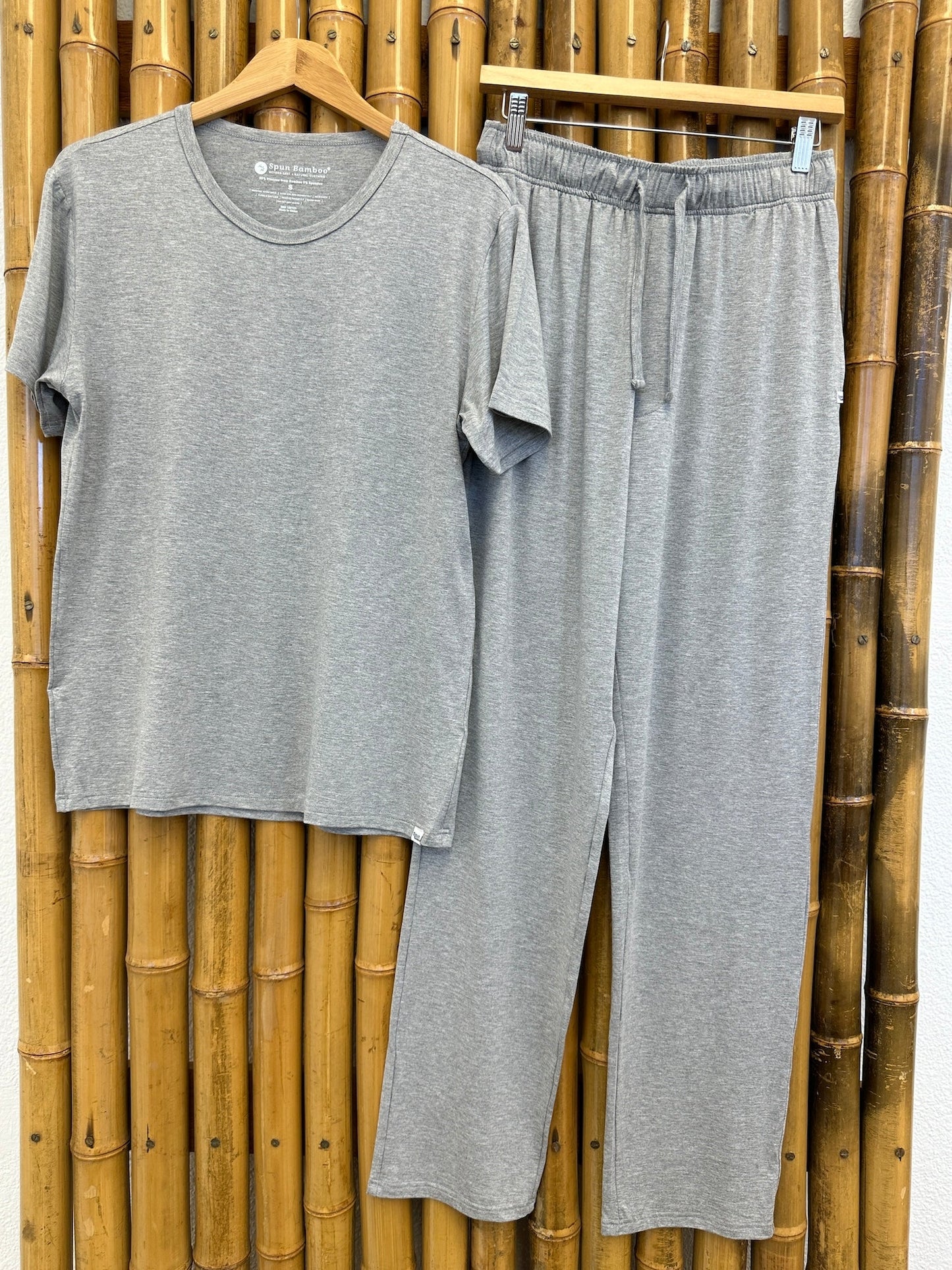 Men's gray Spun Bamboo lounge pajama set with short-sleeve top and pants on Tampa Home & Garden Store