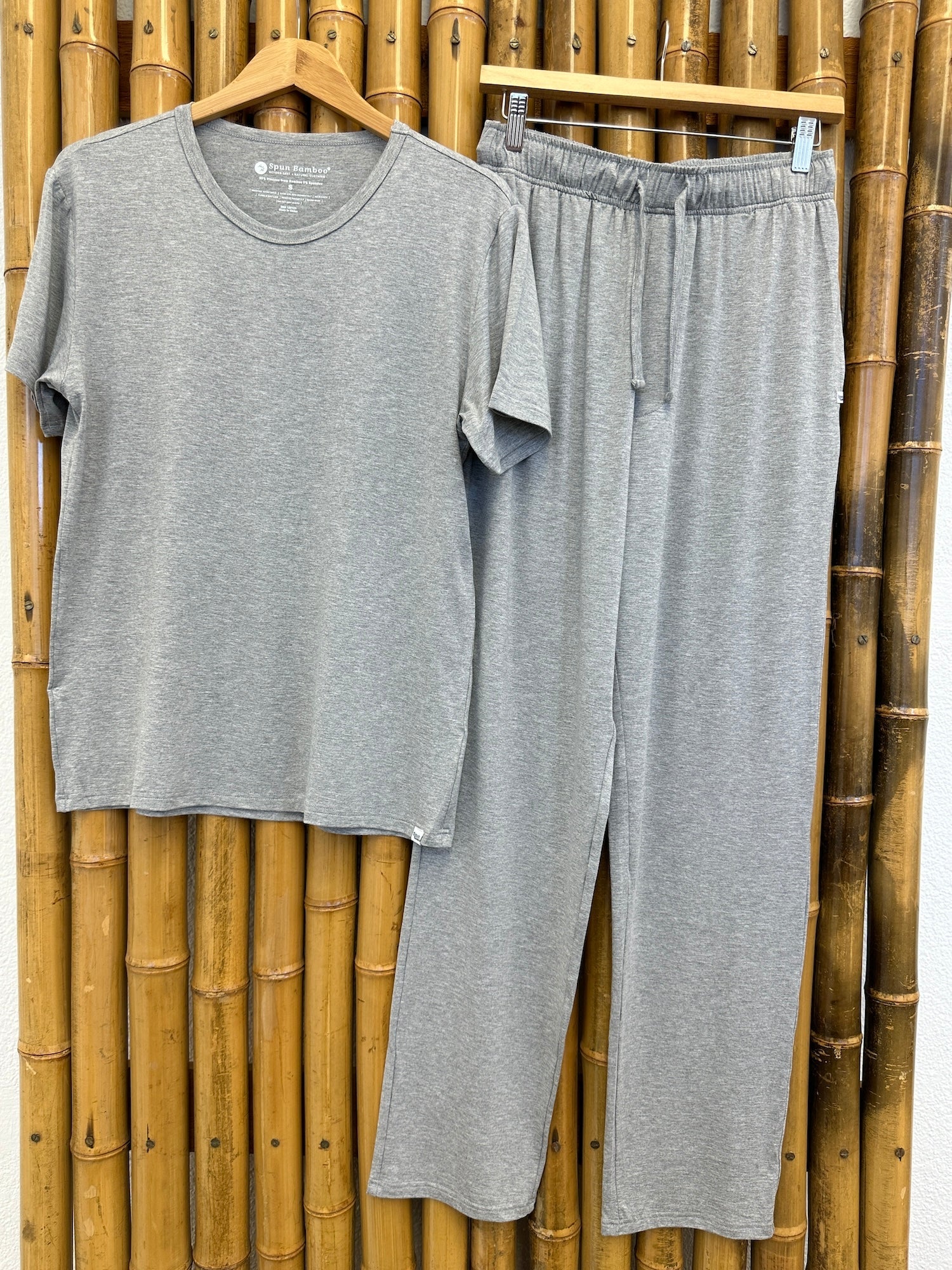 Men's gray Spun Bamboo lounge pajama set with short-sleeve top and pants on Tampa Home & Garden Store