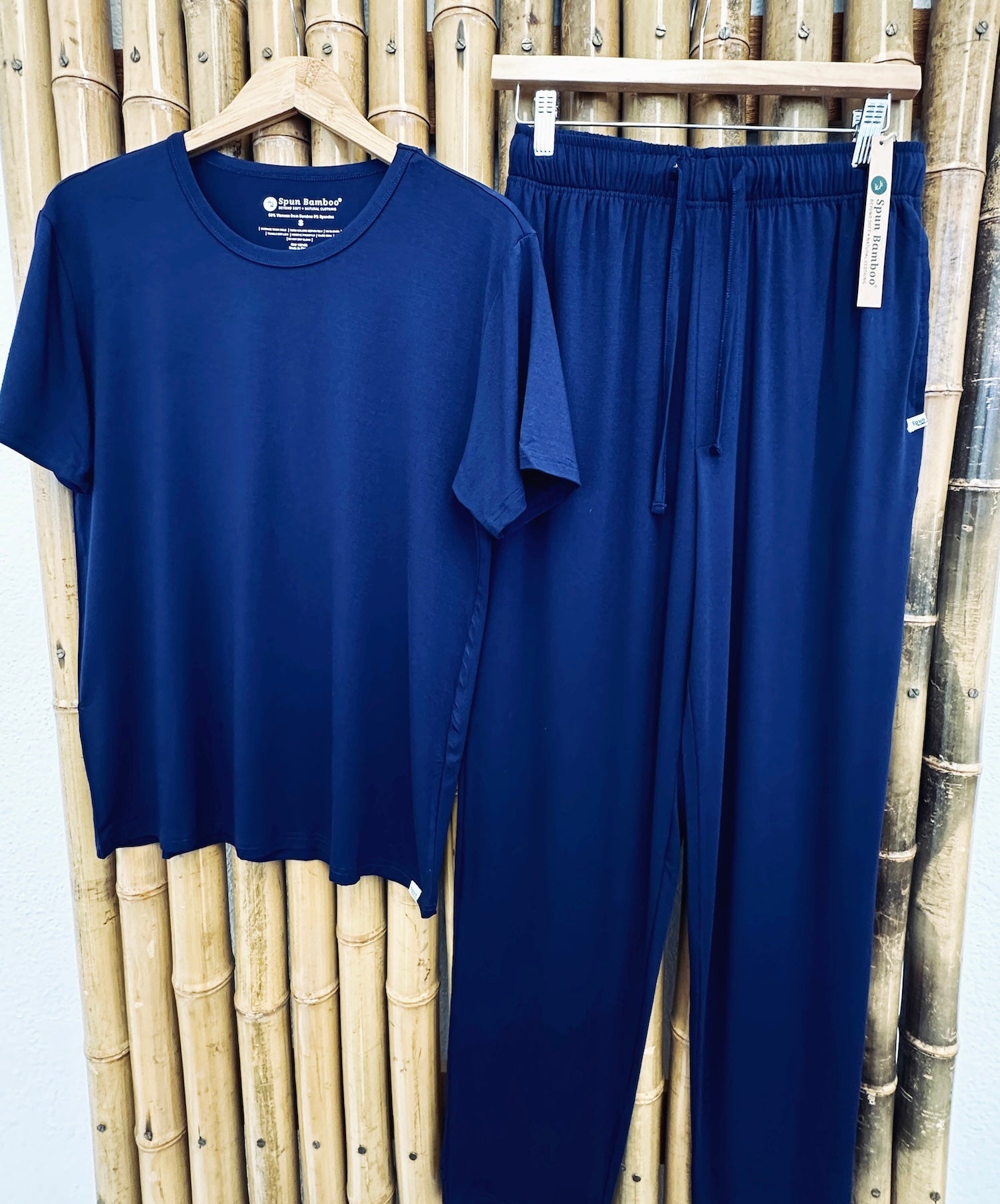 Navy men's bamboo lounge pajama set with short sleeve top and drawstring pants by Spun Bamboo on Tampa Home & Garden Store