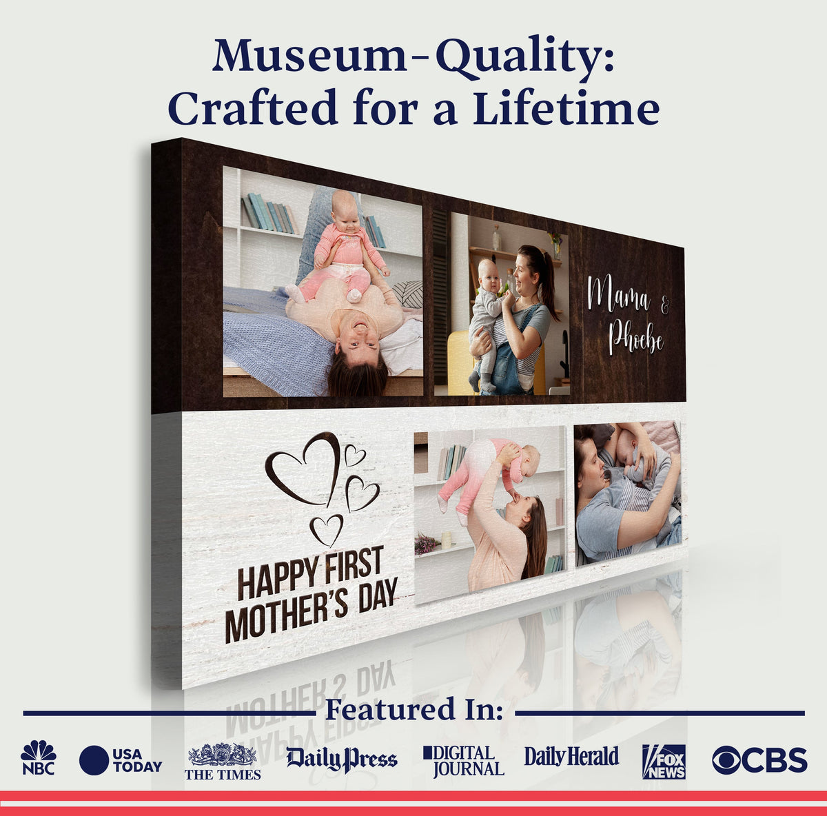 Happy First Mother's Day Sign canvas collage with a brown frame and mom baby photo montage on Tampa Home & Garden Store