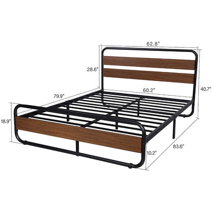Base de cama con plataforma de metal y madera estilo industrial moderno resistente tamaño Queen con cabecero