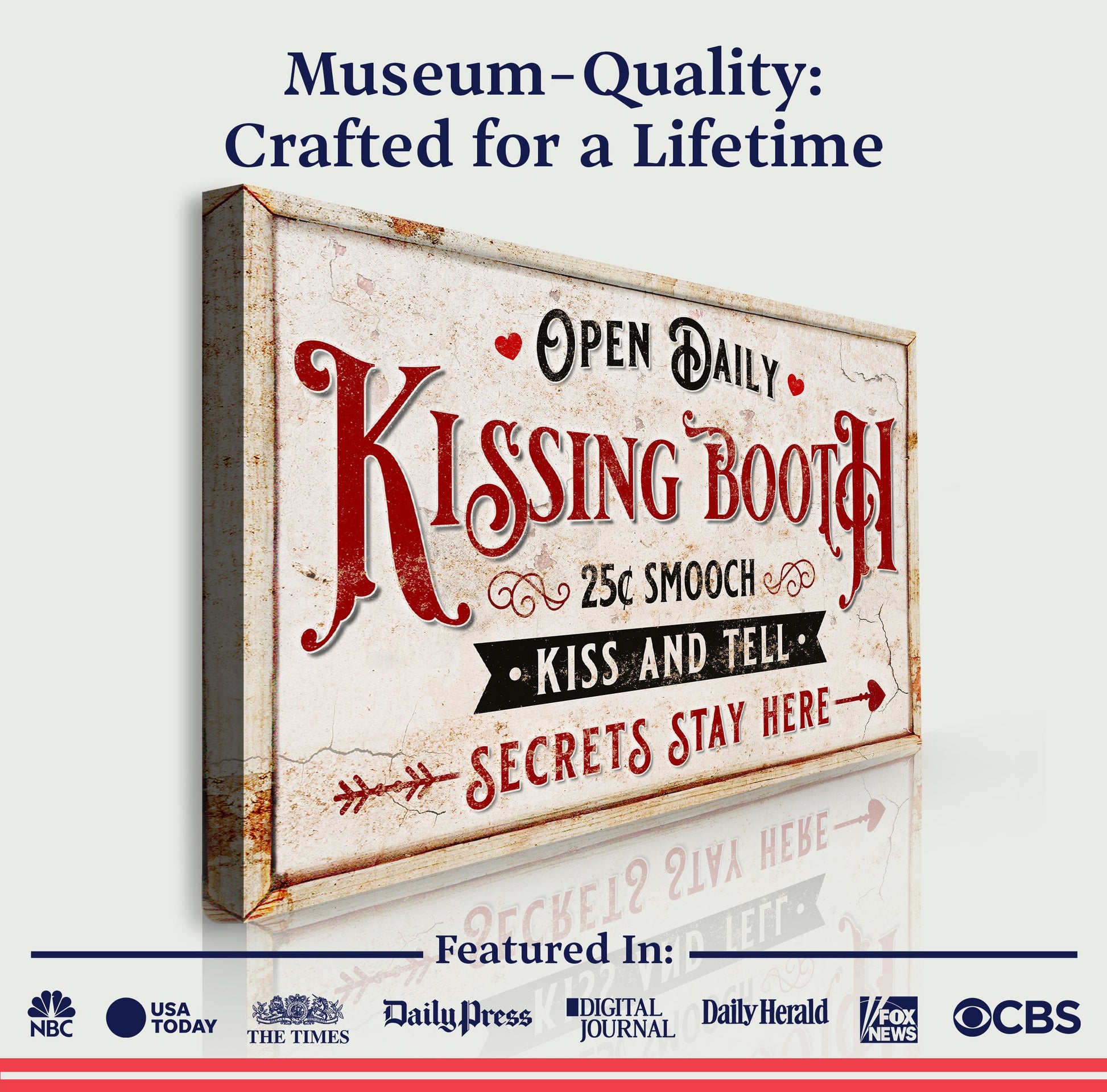 Canvas sign Vintage Rustic Kissing Booth Sign IV with distressed red lettering on Tampa Home & Garden Store