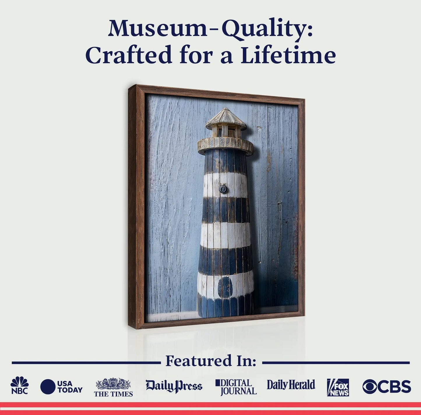 Wooden lighthouse coastal wall art canvas framed in warm brown wood on Tampa Home & Garden Store