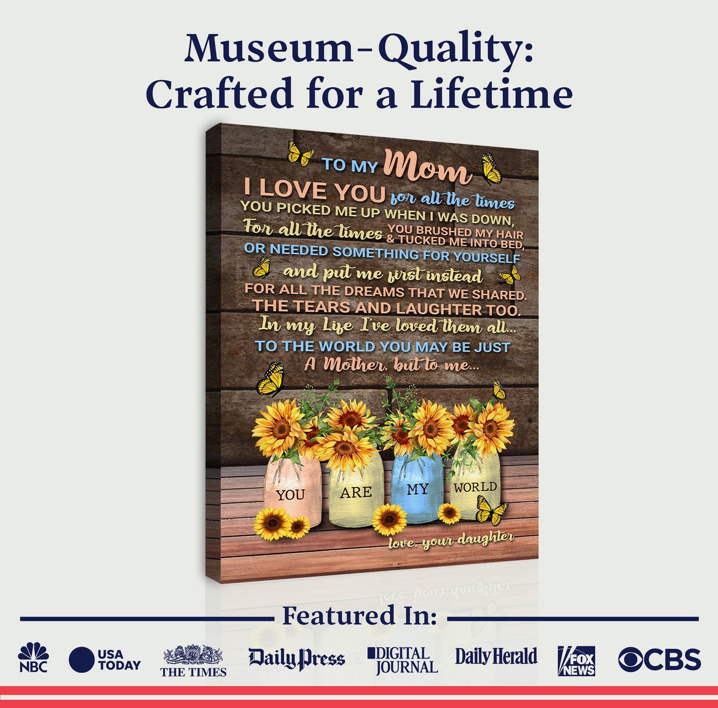 Mother's Day canvas sign by Tailored Canvases with wood background, butterflies and sunflowers on Tampa Home & Garden Store