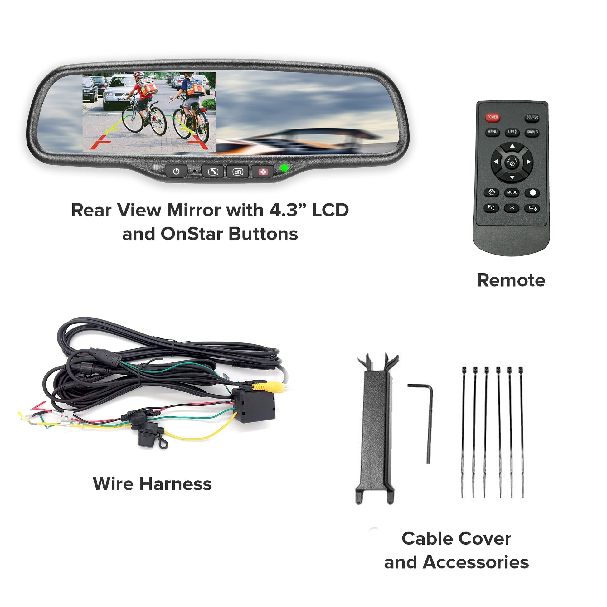 Master Tailgaters rear view mirror with 4.3 inch LCD, OnStar buttons; remote and wiring harness on Tampa Home & Garden Store