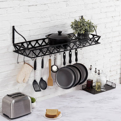 Estante de cocina rectangular de metal negro montado en la pared con 12 ganchos para colgar