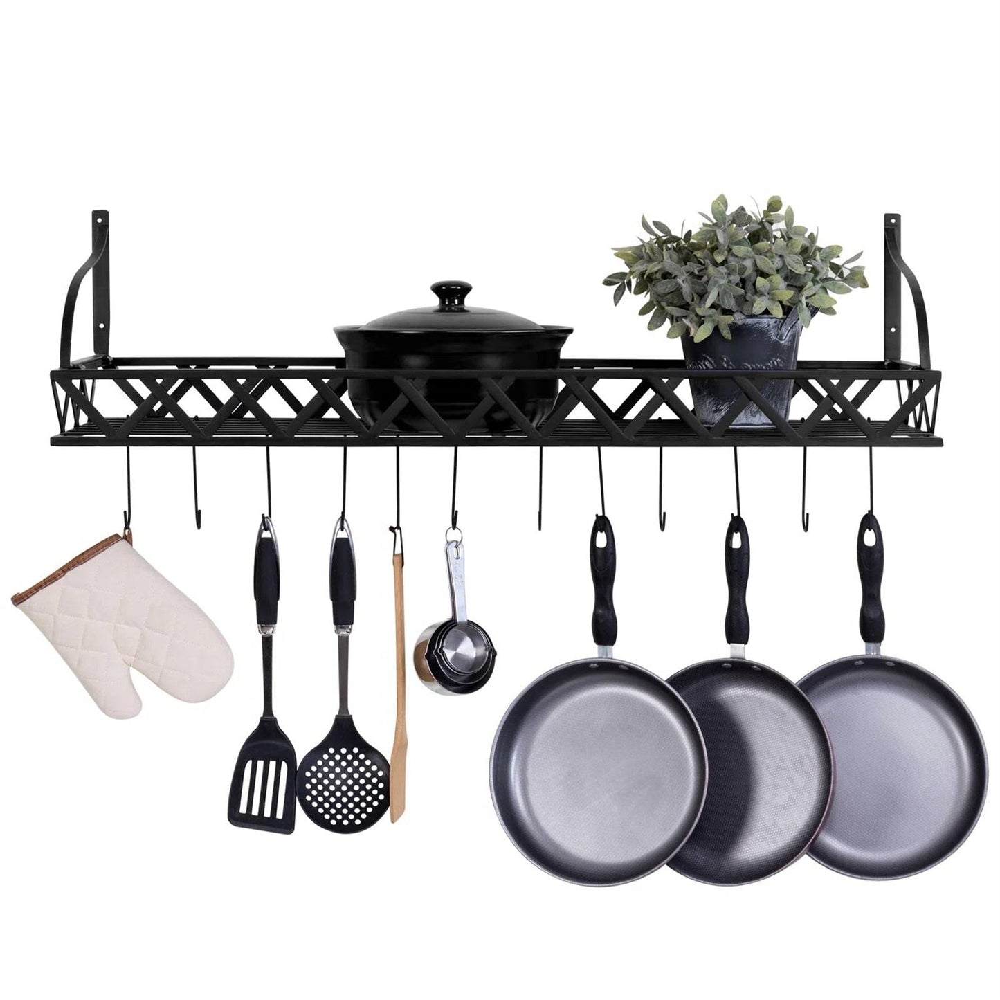 Estante de cocina rectangular de metal negro montado en la pared con 12 ganchos para colgar