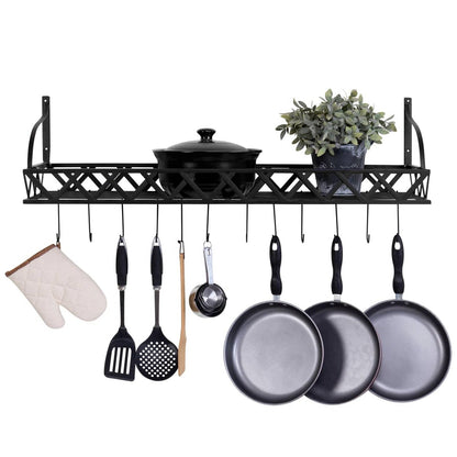 Estante de cocina rectangular de metal negro montado en la pared con 12 ganchos para colgar
