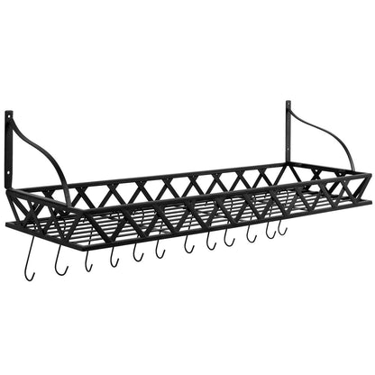 Estante de cocina rectangular de metal negro montado en la pared con 12 ganchos para colgar