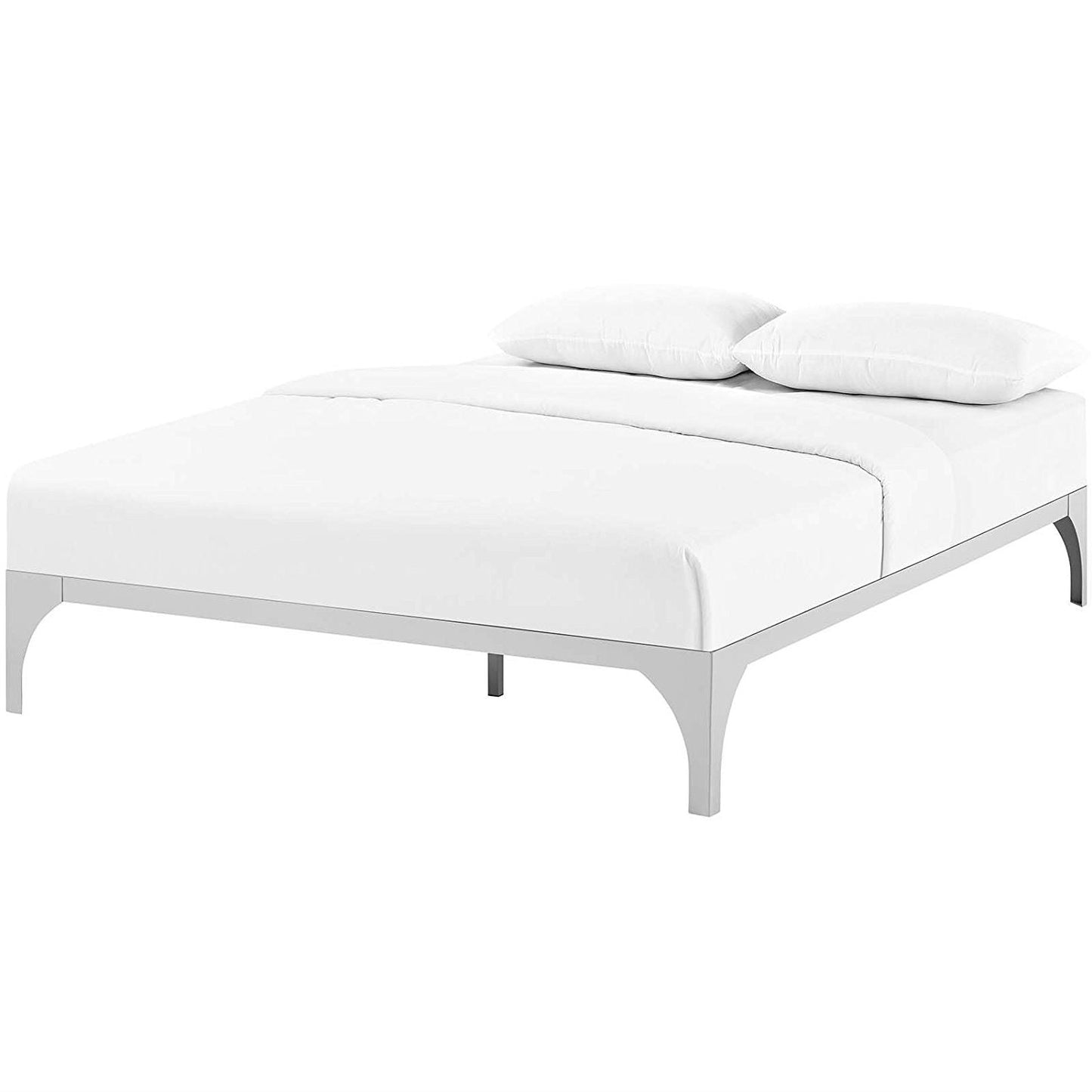 Base de cama moderna de metal King size con acabado plateado y listones de madera