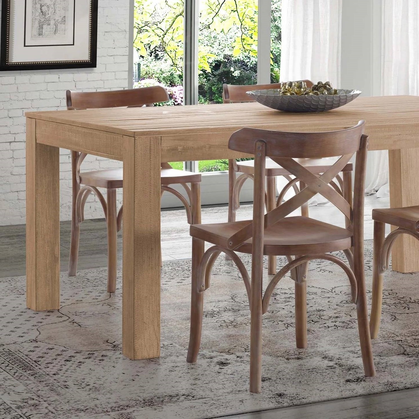 Mesa de Comedor de Madera Maciza Estilo Granja Moderna de 63 Pulgadas con Acabado Rústico Marrón Claro