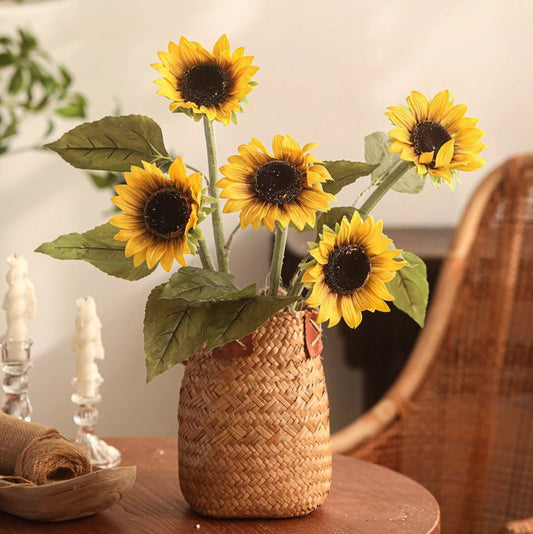 One-Head Artificial Sunflower Stem by RusticReach featuring five yellow blooms in a woven vase on Tampa Home & Garden Store