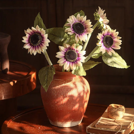 One-Head Artificial Sunflower Stem with 5 blooms in a terracotta vase RusticReach on Tampa Home & Garden Store