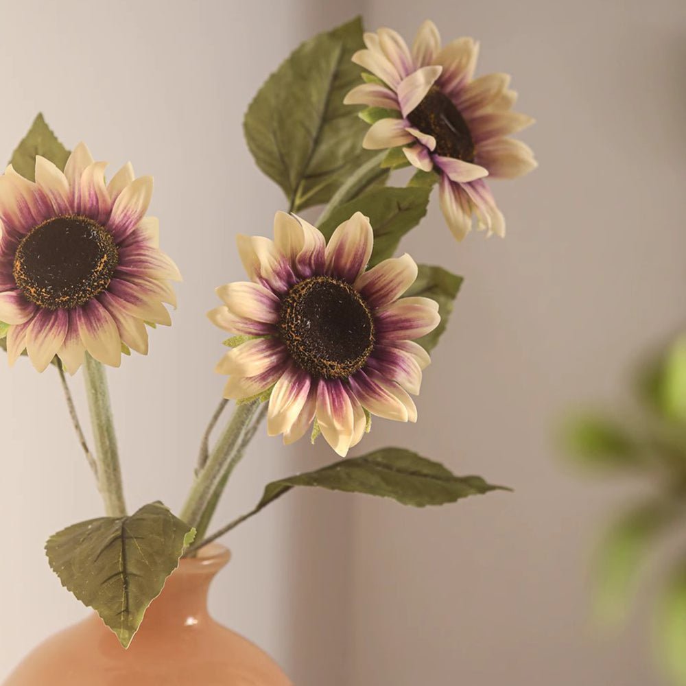 One-Head Artificial Sunflower Stem RusticReach, 19.7in tall, cream petals with purple centers on Tampa Home & Garden Store