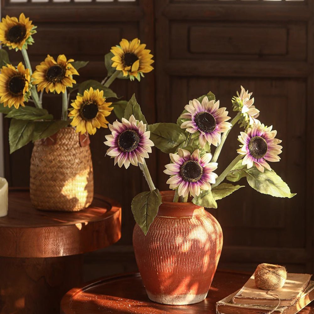 One-Head Artificial Sunflower Stem 19.7in tall in a rustic vase RusticReach yellow petals on Tampa Home & Garden Store