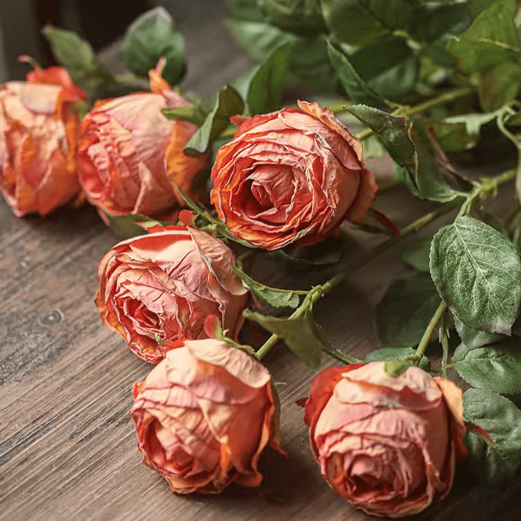 Artificial single orange rose stem with green leaves, RusticReach, five blooms on wood surface on Tampa Home & Garden Store