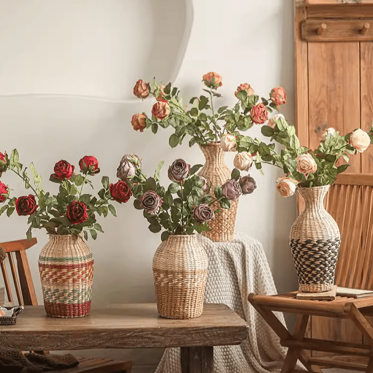 Artificial Single Rose Stem 28.7" tall RusticReach in woven vases on a wood table on Tampa Home & Garden Store