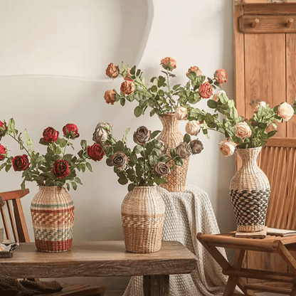 Artificial Single Rose Stem 28.7" tall RusticReach in woven vases on a wood table on Tampa Home & Garden Store