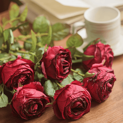 Artificial red rose stems (5) with green leaves on wood surface RusticReach on Tampa Home & Garden Store
