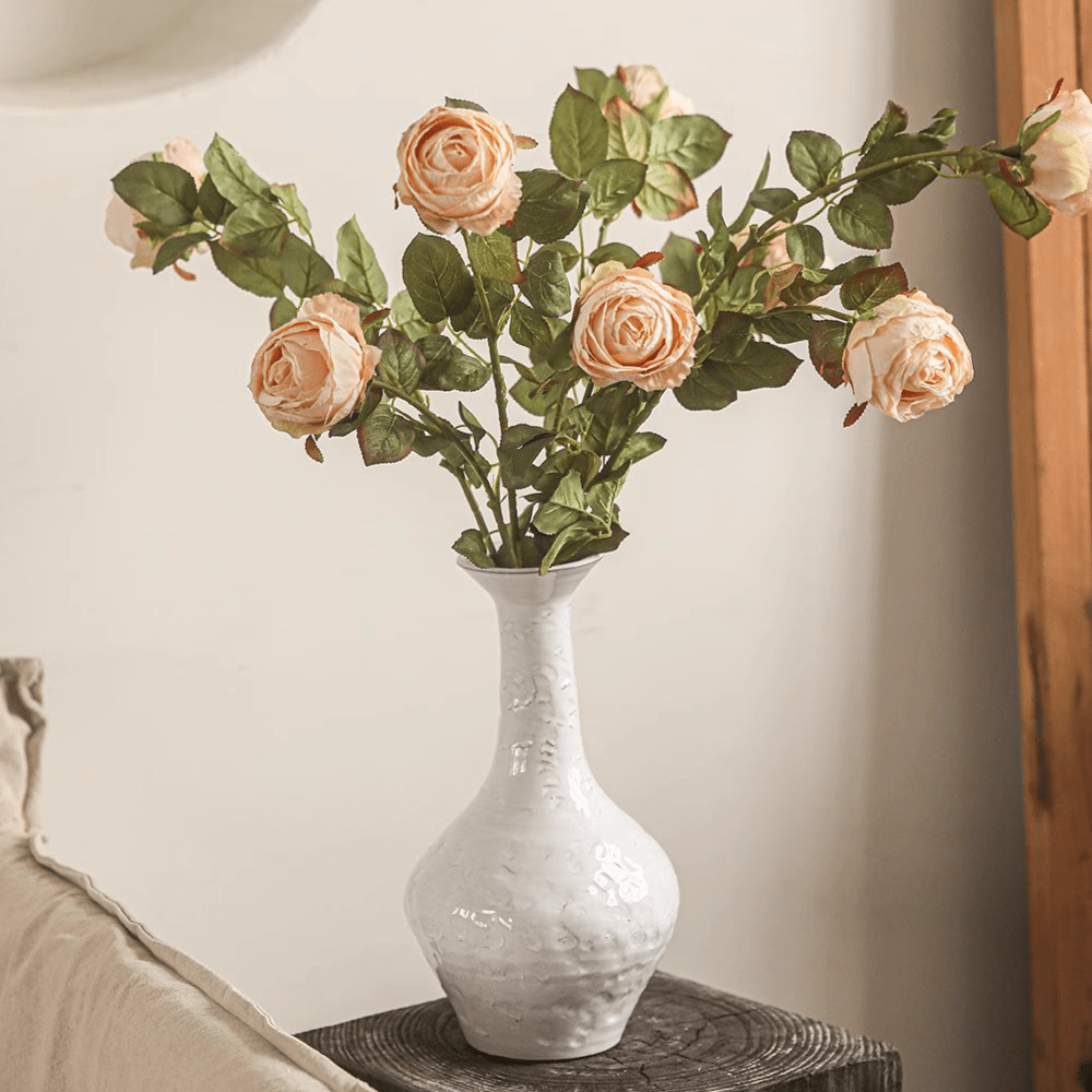 Artificial peach rose stem bouquet in a white ceramic vase by RusticReach on Tampa Home & Garden Store
