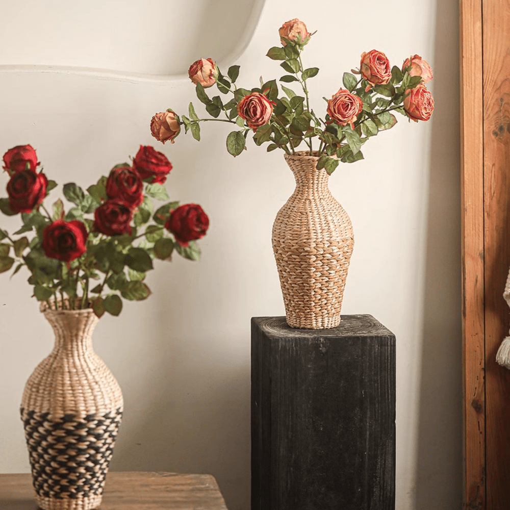 Artificial single rose stem 28.7in tall in woven vases with peach blooms and green leaves on Tampa Home & Garden Store
