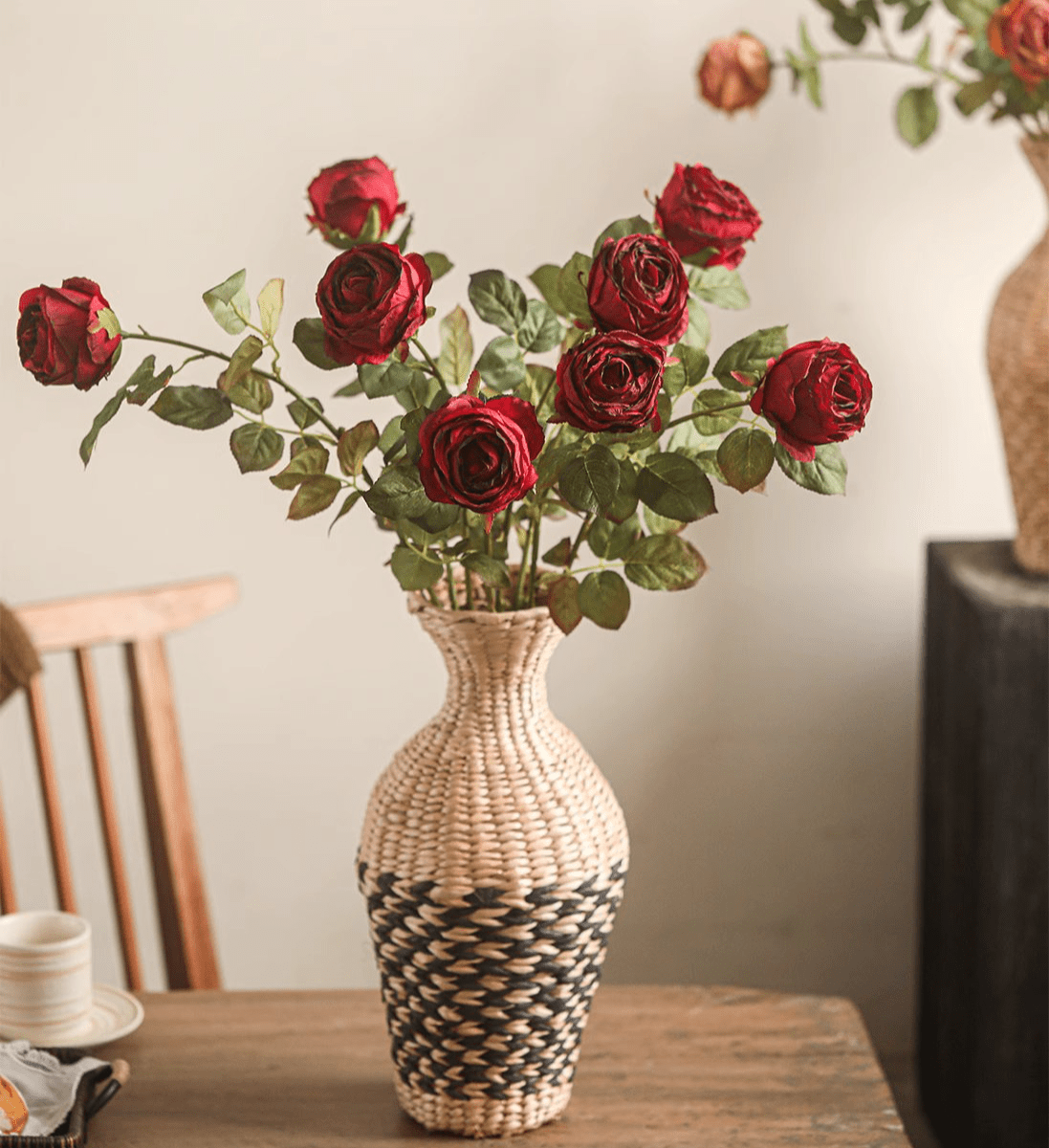 Artificial rose stem 28.7 inches tall in a woven vase, red blooms RusticReach on Tampa Home & Garden Store