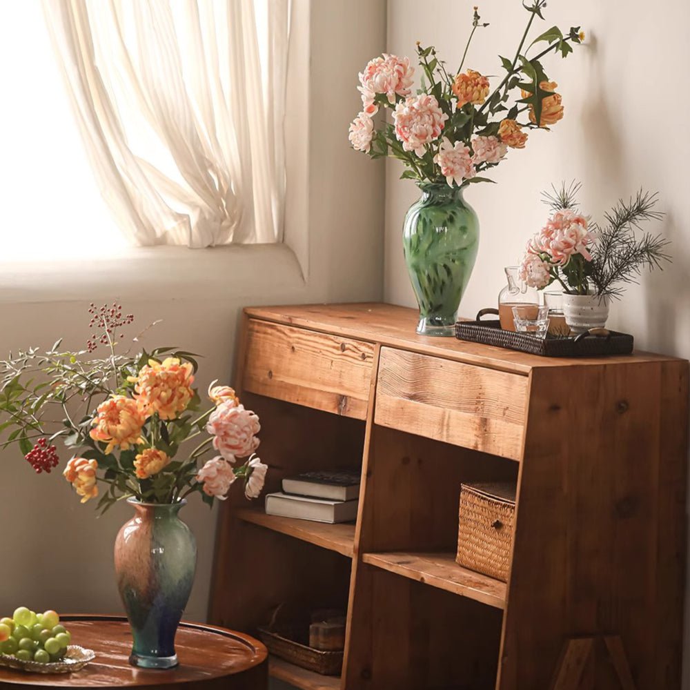 Three-Head Seattle Dahlia stem by RusticReach; pink artificial blooms in a tall green vase on Tampa Home & Garden Store