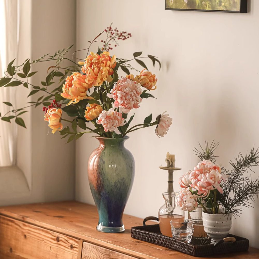Three-Head Seattle Dahlia Stem artificial orange-peach blooms, 30.7 in tall, RusticReach vase on Tampa Home & Garden Store