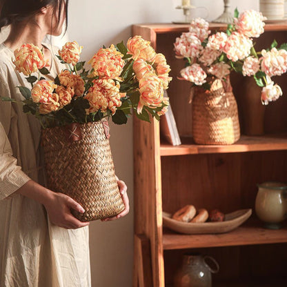 Three-Head Seattle Dahlia Stem 30.7-inch tall artificial bouquet in a woven basket vase on Tampa Home & Garden Store