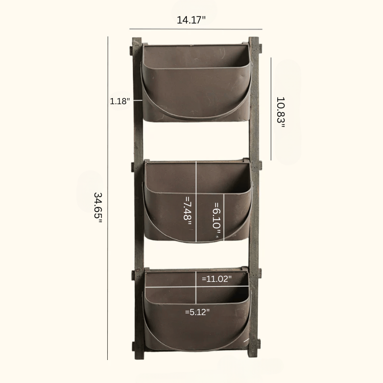 Farmhouse Three-Tier Wall Pocket Organizer RusticReach dark brown metal pockets on frame on Tampa Home & Garden Store