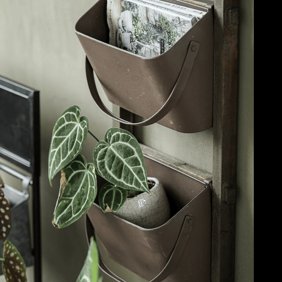 Farmhouse Three-Tier Wall Pocket Organizer RusticReach brown metal pockets hold newspapers on Tampa Home & Garden Store