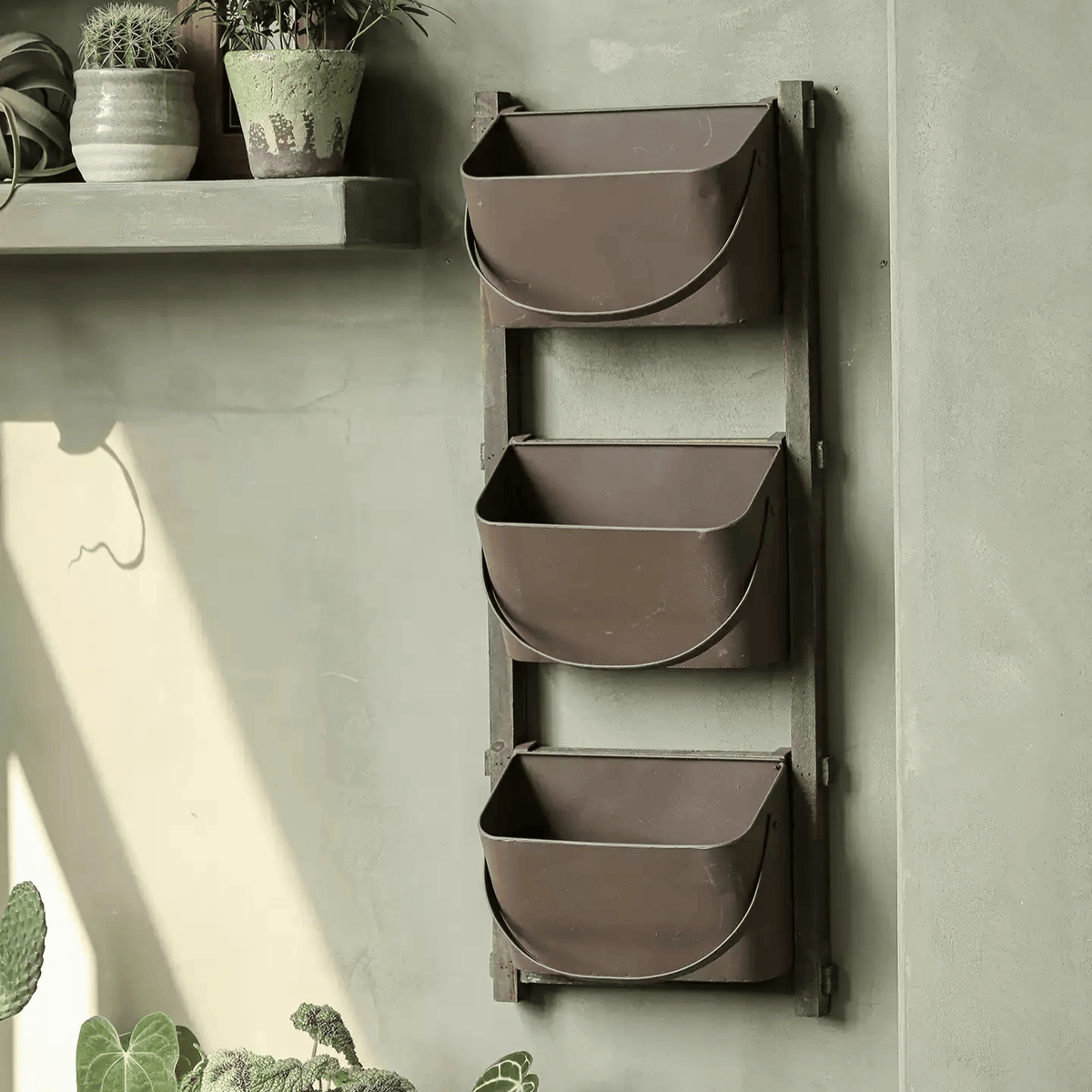 Farmhouse Three-Tier Wall Pocket Organizer RusticReach brown metal pockets on Tampa Home & Garden Store