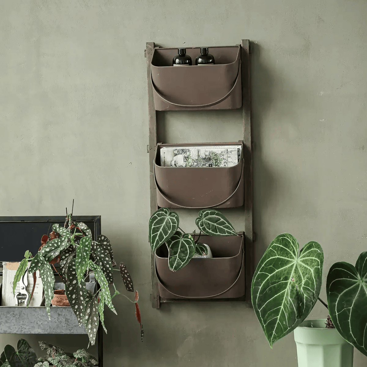 RusticReach farmhouse wall pocket organizer in brown metal, three-tier caddy with three pockets on Tampa Home & Garden Store