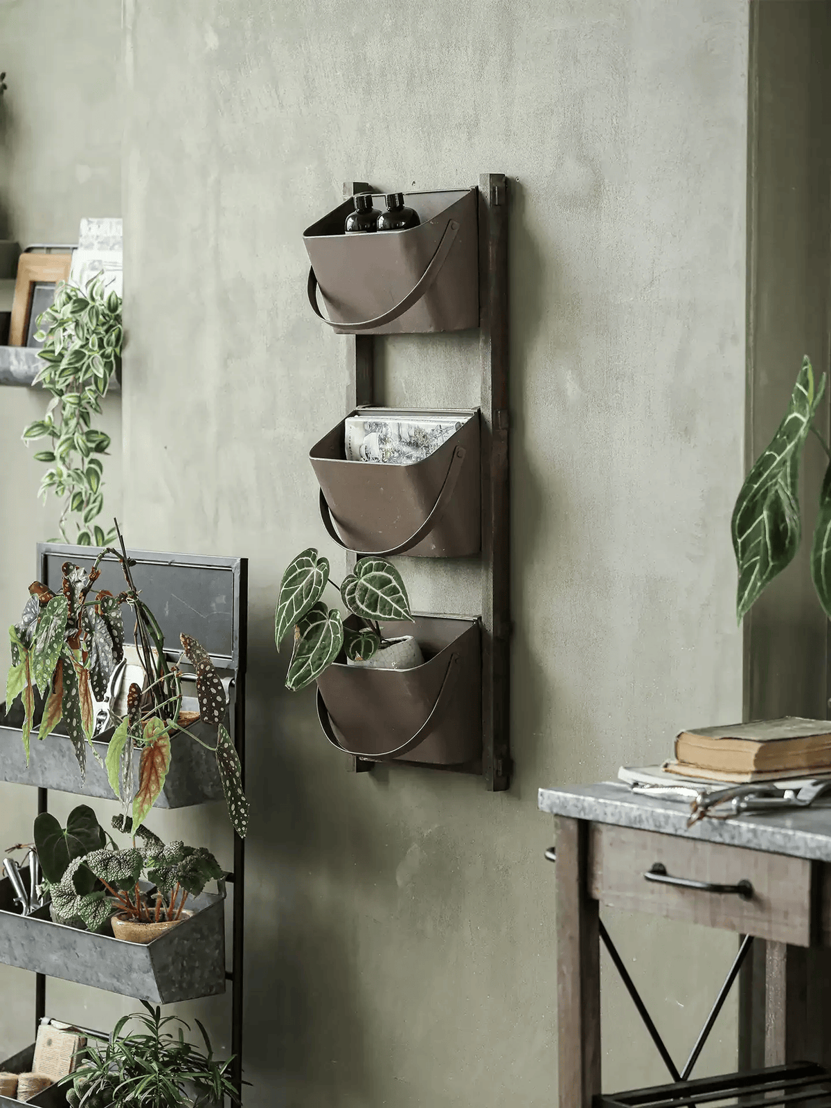 Farmhouse three-tier wall pocket organizer in brown metal, wall-mounted with three pockets on Tampa Home & Garden Store