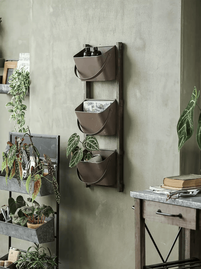 Farmhouse three-tier wall pocket organizer in brown metal, wall-mounted with three pockets on Tampa Home & Garden Store