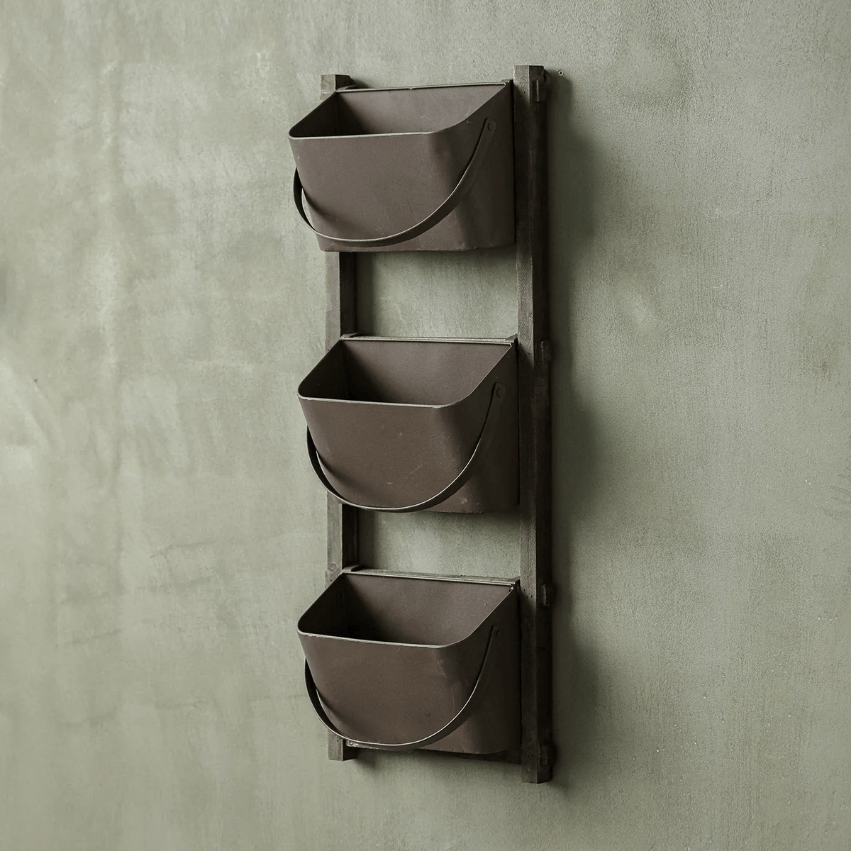 Farmhouse three-tier wall pocket organizer by RusticReach in brown metal with wood frame on Tampa Home & Garden Store