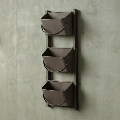 Farmhouse three-tier wall pocket organizer by RusticReach in brown metal with wood frame on Tampa Home & Garden Store