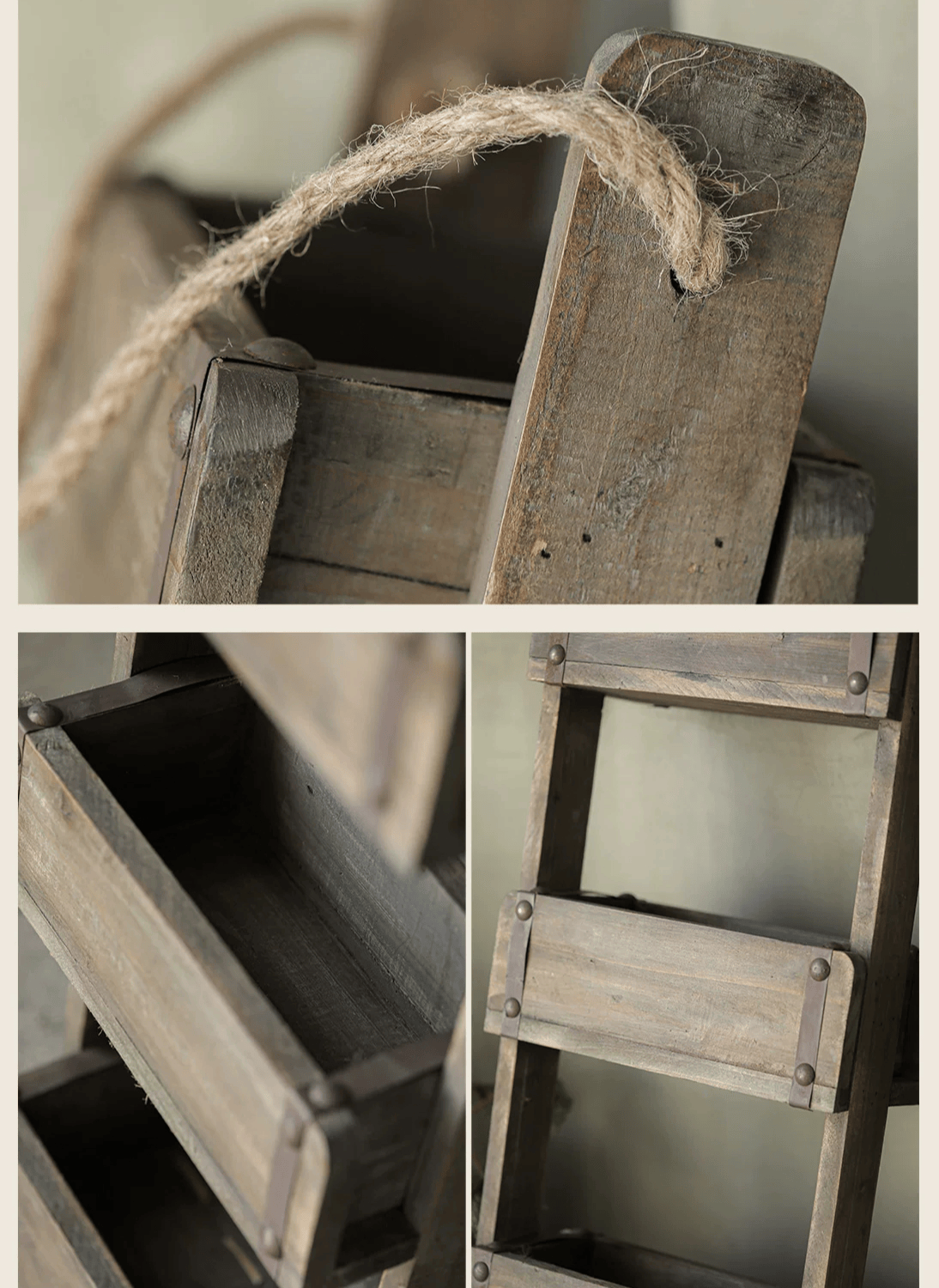 Rustic Three-Tier Wooden Wall Organizer with rope hanger in weathered brown wood on Tampa Home & Garden Store